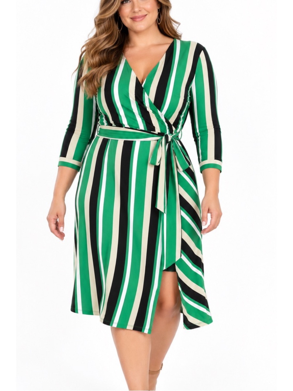INC International Concepts Green, Black & Cream Striped Wrap Dress- 3X